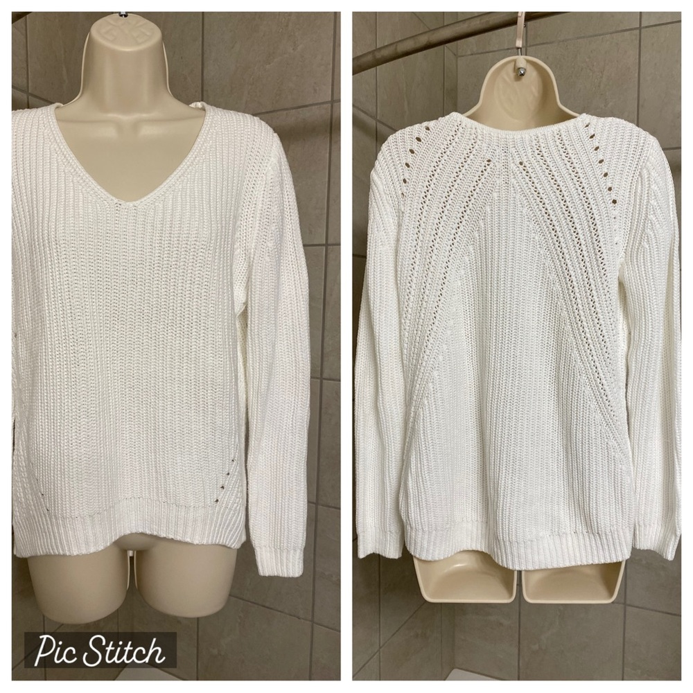 EUC Ann Taylor Loft white high/low long sleeved cotton sweater, size Medium